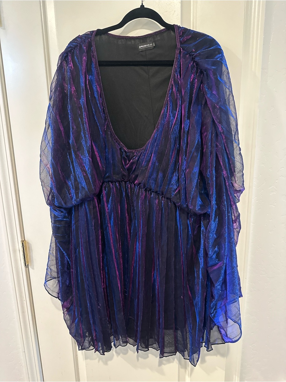 Iridescent Blue & Purple Mini Dress with Deep V-Neck